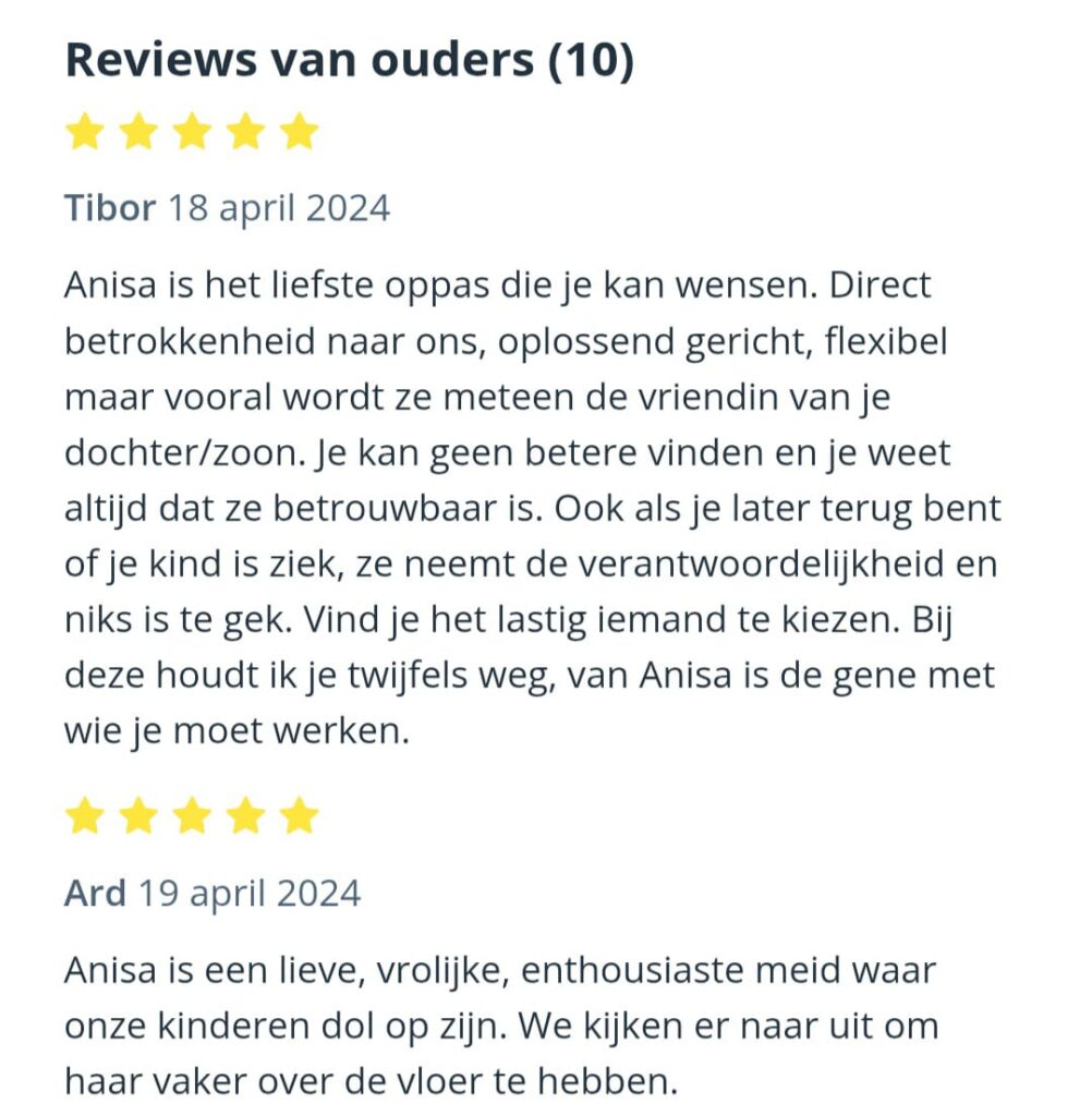 Twee goede beoordelingen van ouders over een babysitter op Sitly